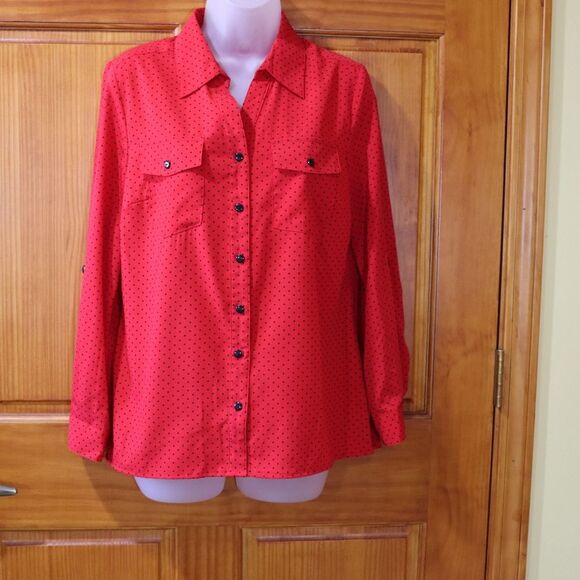 Notations Petite Red Black Polka Dot Mini Roll Tab Sleeve Button Down Blouse - Picture 2 of 15